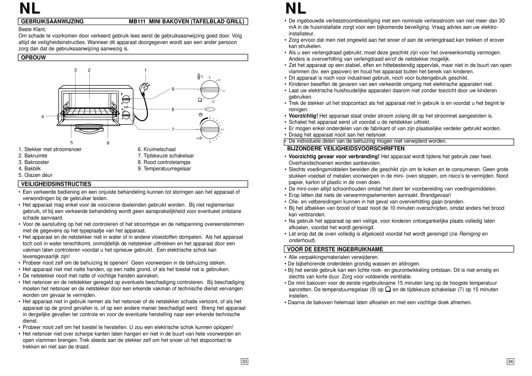 Elta instruction manual Gebruiksaanwijzing MB111 Mini Bakoven Tafelblad Grill, Opbouw, Veiligheidsinstructies 