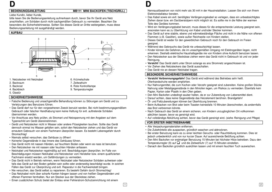 Elta instruction manual Bedienungsanleitung MB111 Mini Backofen Tischgrill, Aufbau, Besondere Sicherheitshinweise 