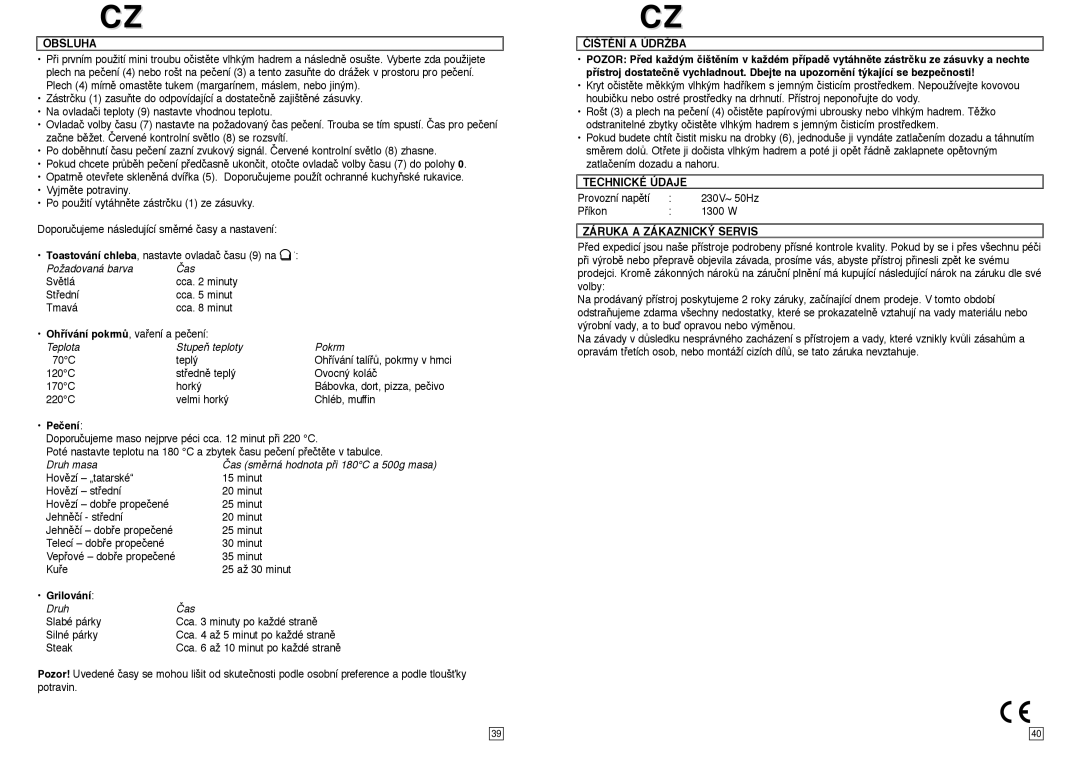 Elta MB111 instruction manual Obsluha, Pečení, ČIŠTùNÍ a Údržba, Technické Údaje, Záruka a Zákaznický Servis 