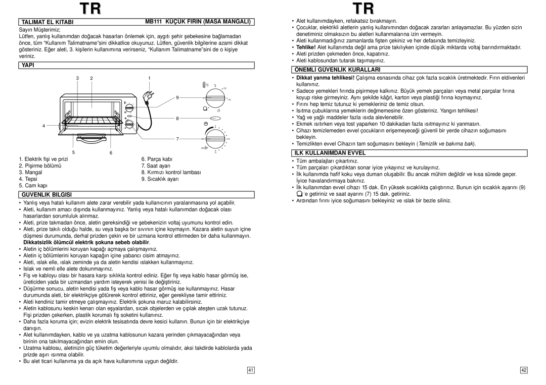 Elta Talimat EL Kitabi MB111 Küçük Firin Masa Mangali, Yapi, Guvenlik Bilgisi, Önemlİ Güvenlİk Kurallari 