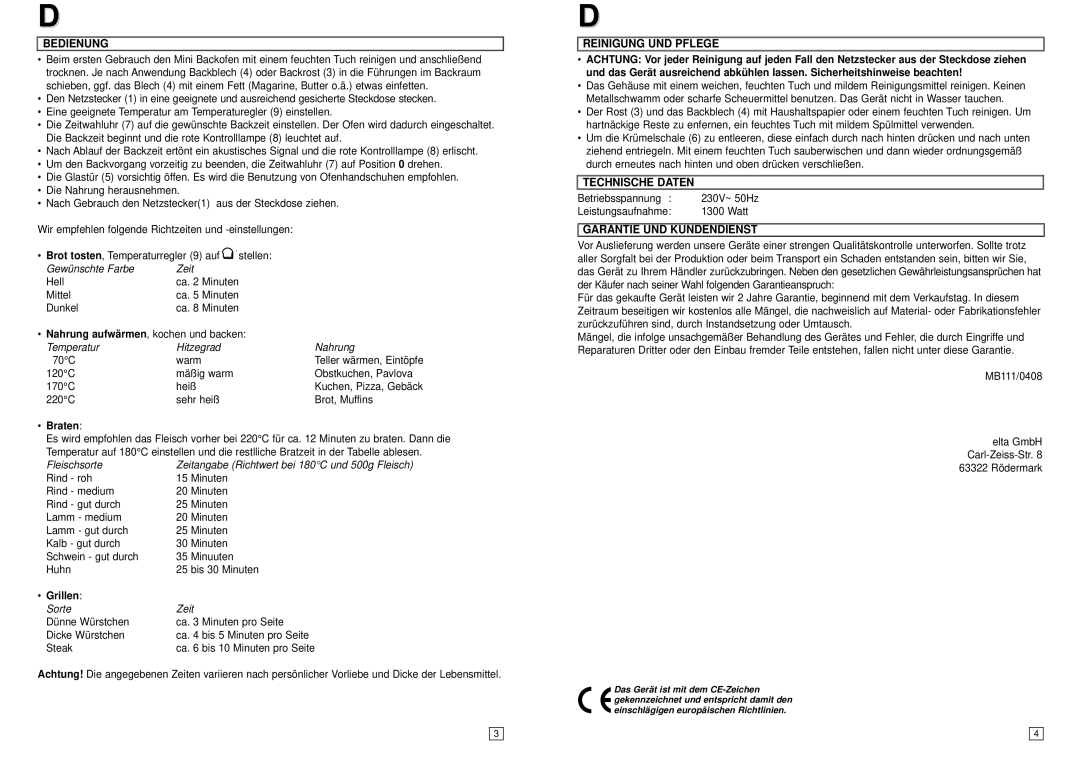 Elta MB111 instruction manual Bedienung, Grillen, Reinigung UND Pflege, Technische Daten, Garantie UND Kundendienst 