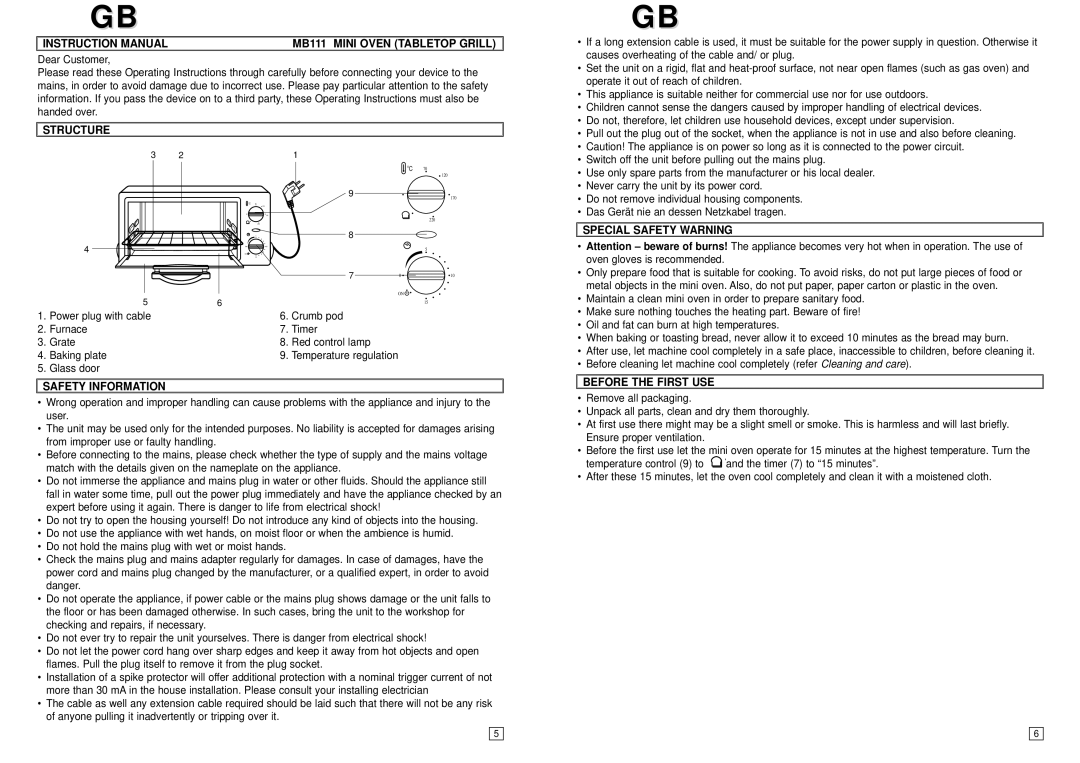 Elta MB111 Mini Oven Tabletop Grill, Structure, Safety Information, Special Safety Warning, Before the First USE 