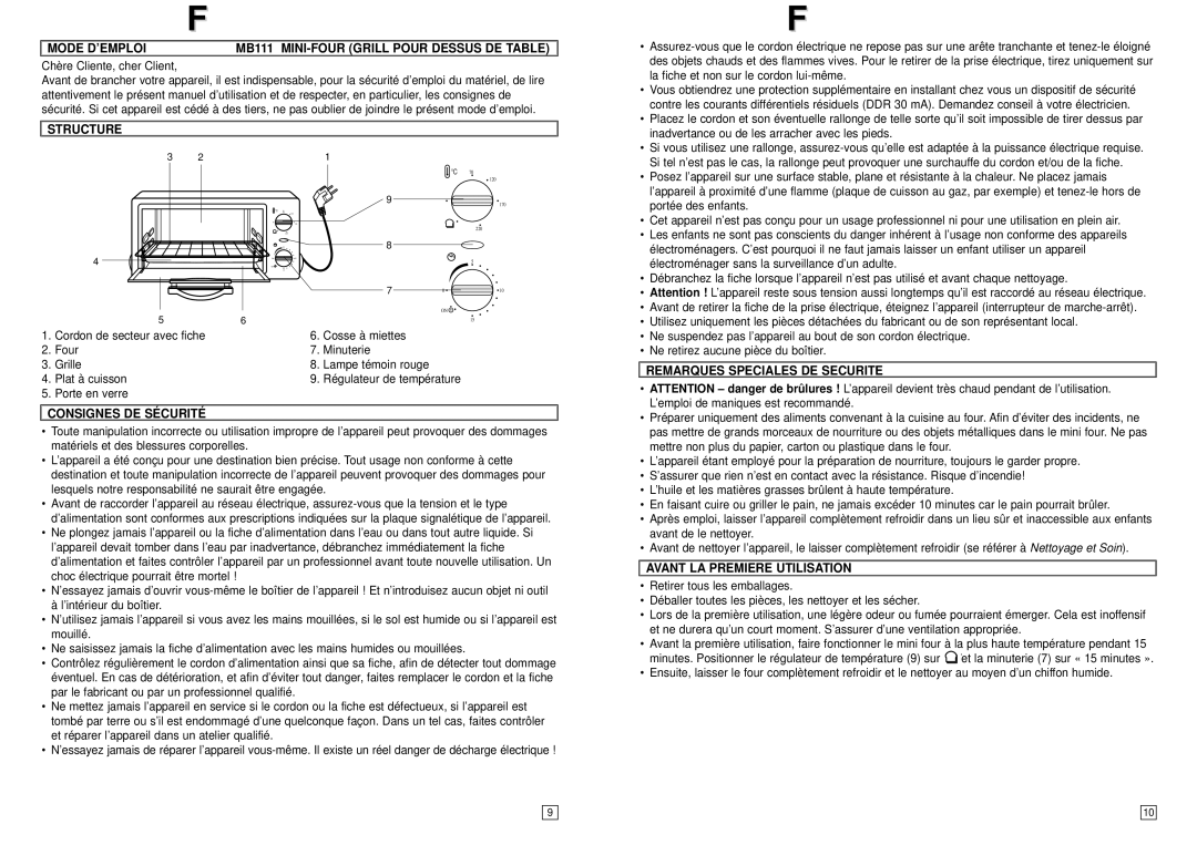 Elta Mode D’EMPLOI MB111 MINI-FOUR Grill Pour Dessus DE Table, Consignes DE Sécurité, Remarques Speciales DE Securite 