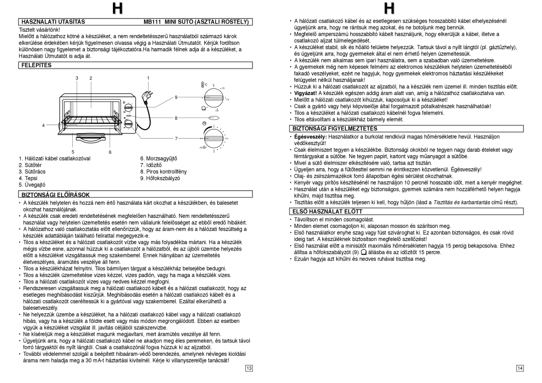 Elta Használati Utasítás MB111 Mini Sütó Asztali Rostély, Felépítés, Biztonsági Elãírások, Biztonsági Figyelmeztetés 