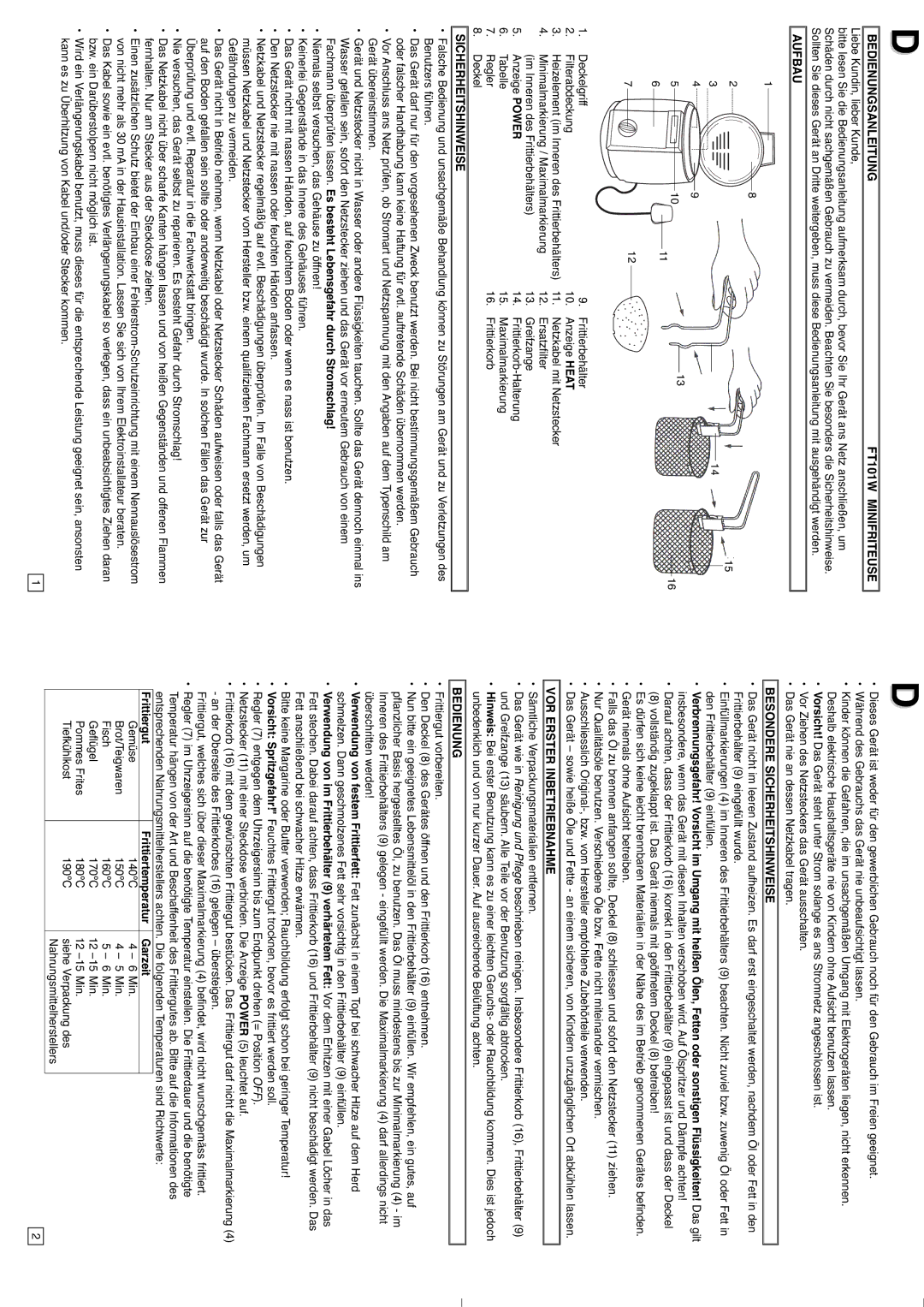 Elta Mini Deep Fryer instruction manual Bedienungsanleitung FT101W Minifriteuse, Aufbau, Besondere Sicherheitshinweise 