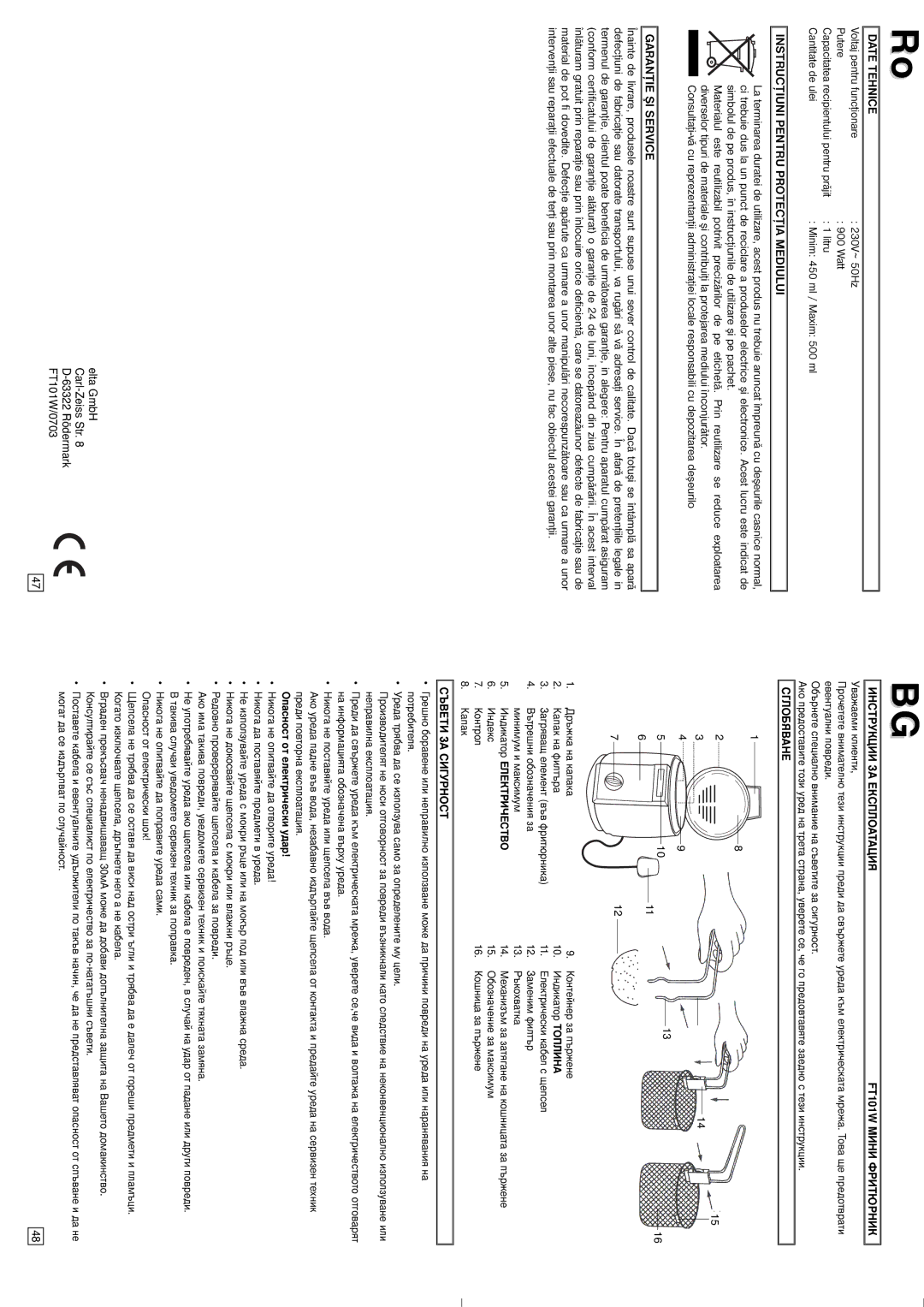 Elta Mini Deep Fryer instruction manual Date Tehnice, Инструкции ЗА Експлоатация, Сглобяване, Съвети ЗА Сигурност 