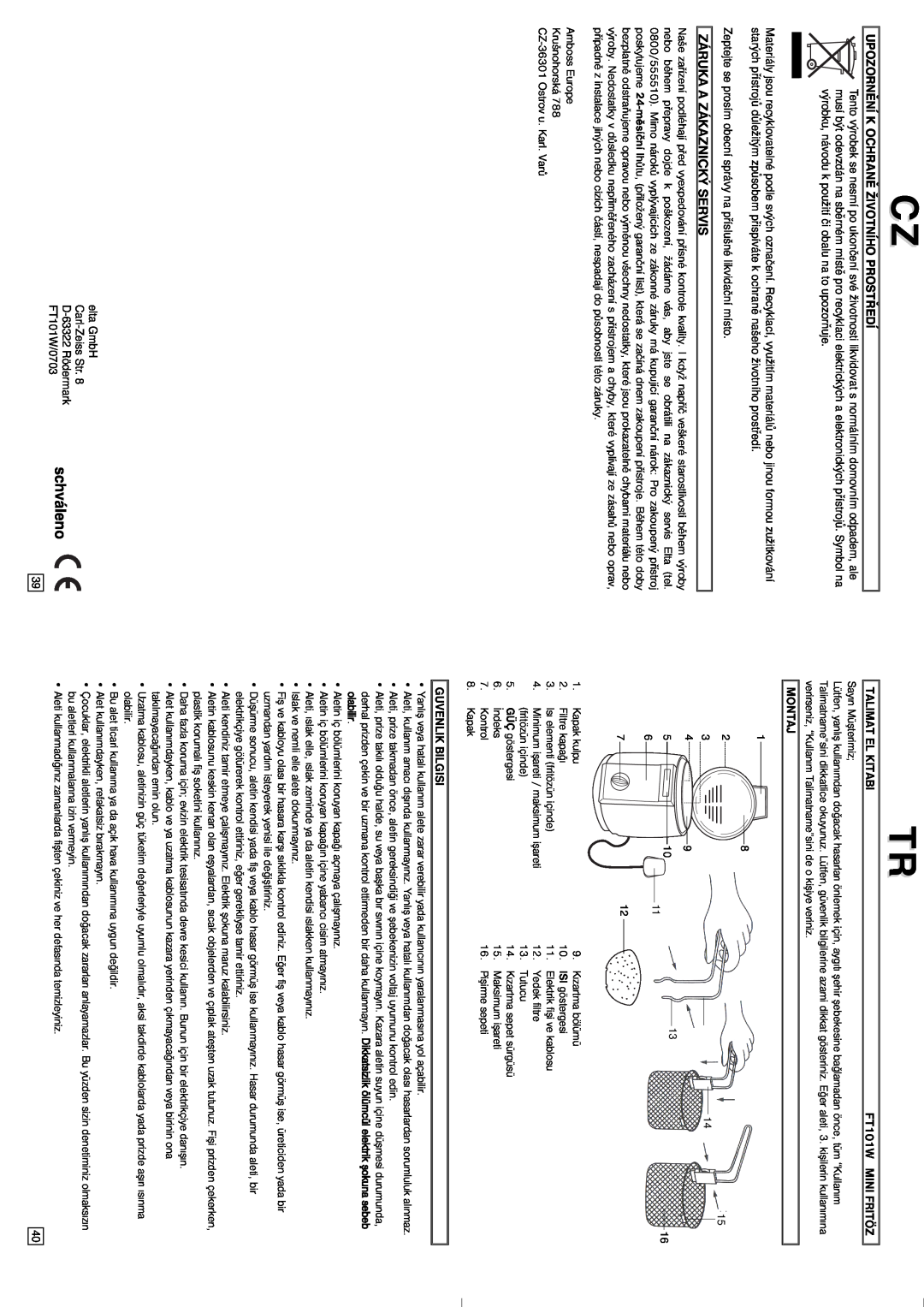 Elta Mini Deep Fryer instruction manual Záruka A Zákaznický Servis, Upozornění K Ochraně Životního Prostředí 