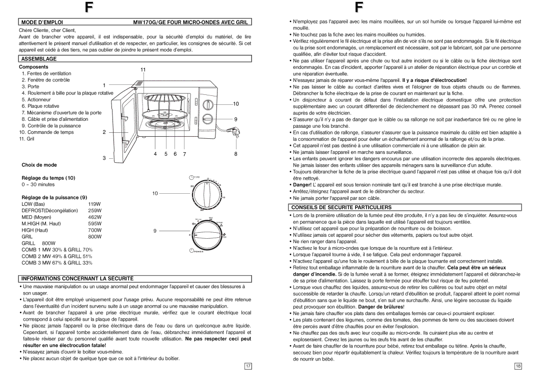 Elta MW170GE Mode D’EMPLOI MW170G/GE Four MICRO-ONDES Avec Gril, Assemblage, Grill 800W, Conseils DE Securite Particuliers 