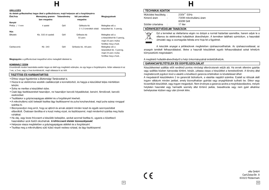 Elta MW170G Tisztítás ÉS Karbantartás, Technikai Adatok, Környezetvédelmi Tanácsok, Garanciafeltételek ÉS Ügyfélszolgálat 