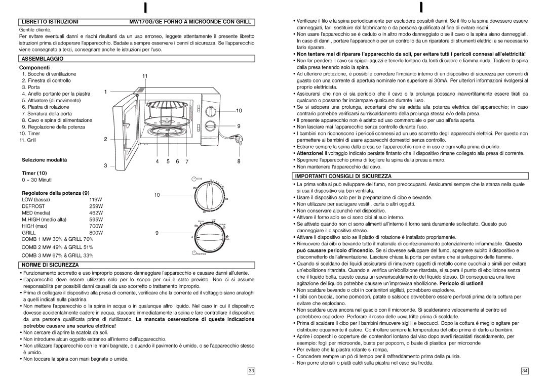 Elta MW170GE instruction manual Libretto Istruzioni MW170G/GE Forno a Microonde CON Grill, Assemblaggio, Norme DI Sicurezza 
