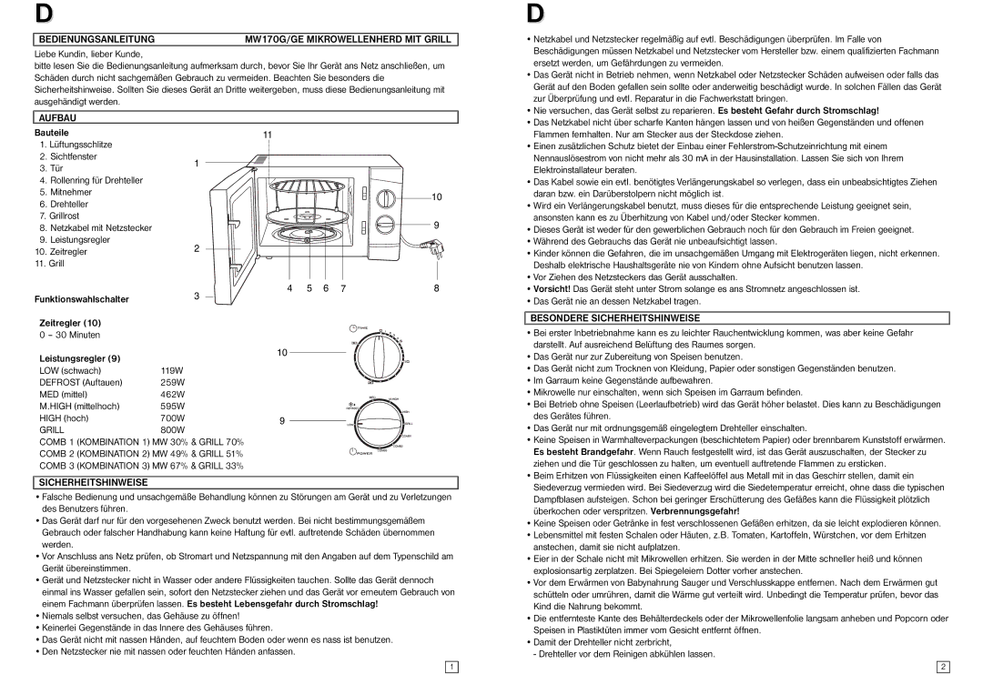 Elta MW170GE instruction manual Bedienungsanleitung MW170G/GE Mikrowellenherd MIT Grill, Aufbau, Comb, Sicherheitshinweise 