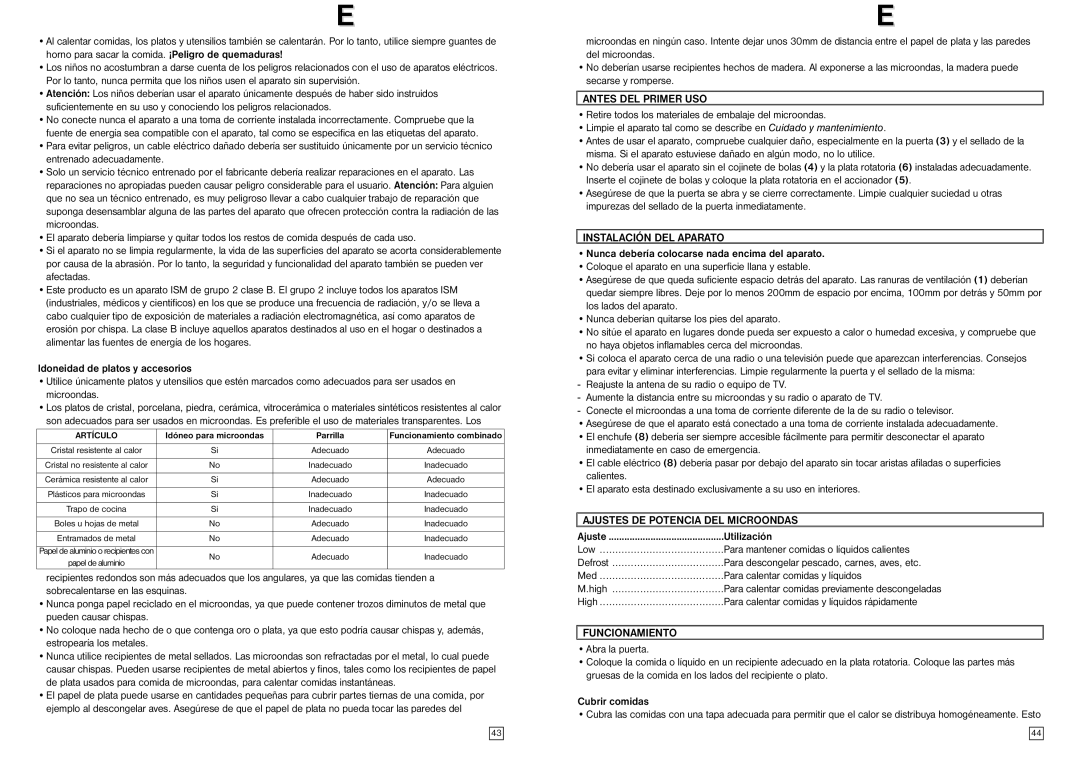 Elta MW170GE Antes DEL Primer USO, Instalación DEL Aparato, Ajustes DE Potencia DEL Microondas, Funcionamiento 