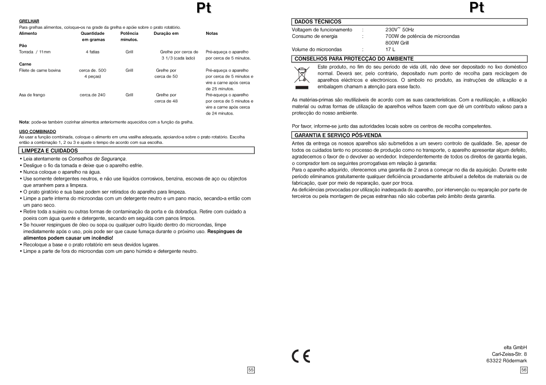 Elta MW170G Limpeza E Cuidados, Dados Técnicos, Conselhos Para Protecção do Ambiente, Garantia E Serviço PÓS-VENDA 