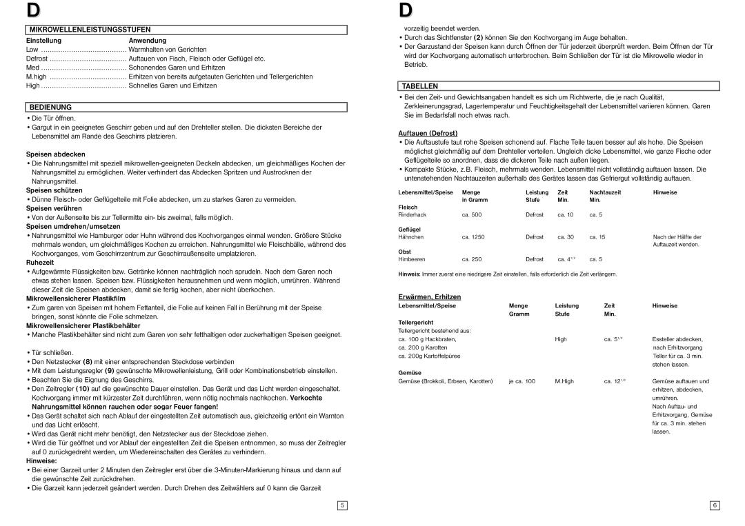 Elta MW170GE instruction manual Mikrowellenleistungsstufen, Bedienung, Tabellen 