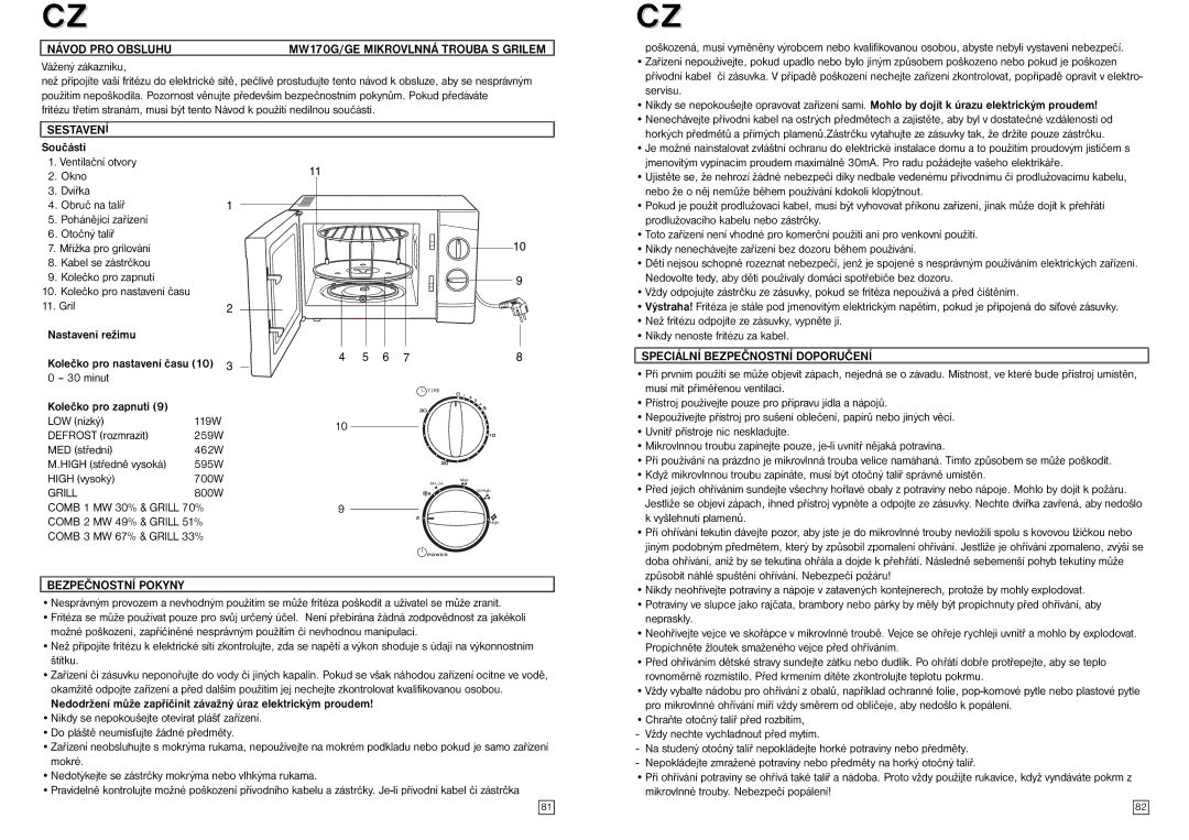 Elta MW170GE Návod PRO Obsluhu MW170G/GE Mikrovlnná Trouba S Grilem, Sestavení, Speciální Bezpečnostní Doporučení 