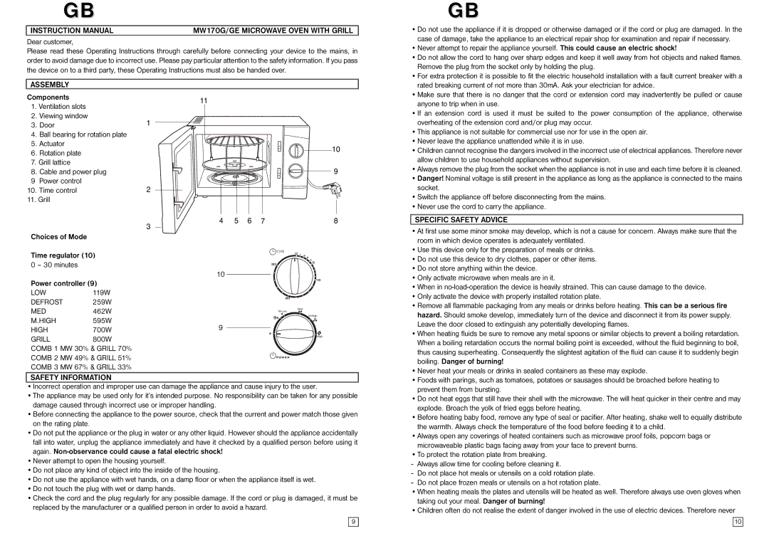 Elta MW170GE instruction manual MW170G/GE Microwave Oven with Grill, Assembly, Low, Defrost, Med, High, Safety Information 