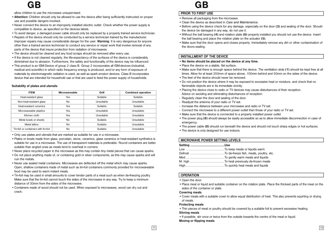 Elta MW170GE instruction manual Prior to First USE, Installment of the Device, Microwave Power Setting Levels, Operation 