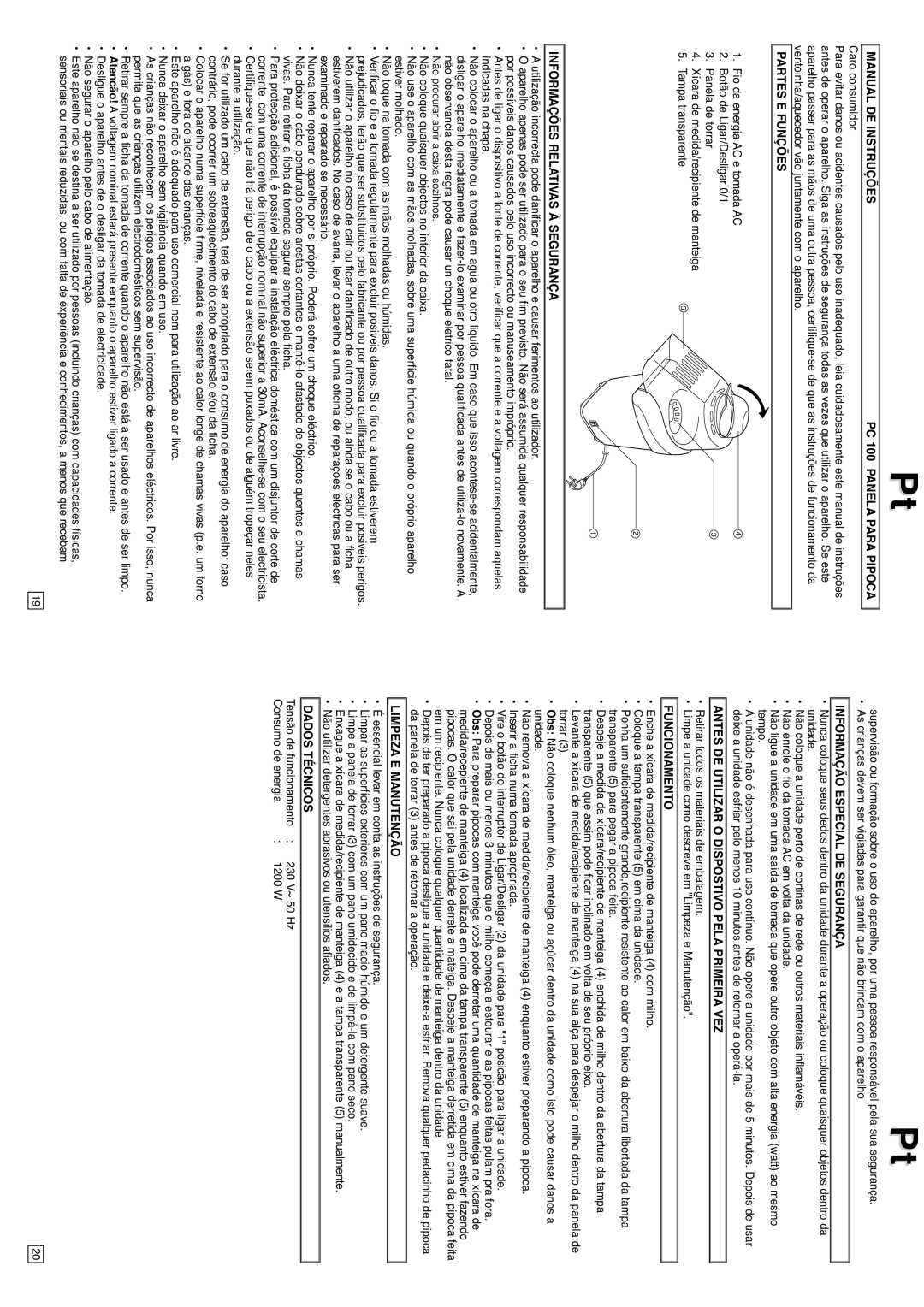 Elta PC100 Manual DE Instruções PC 100 Panela Para Pipoca, Partes E Funções, Informações Relativas À Segurança 