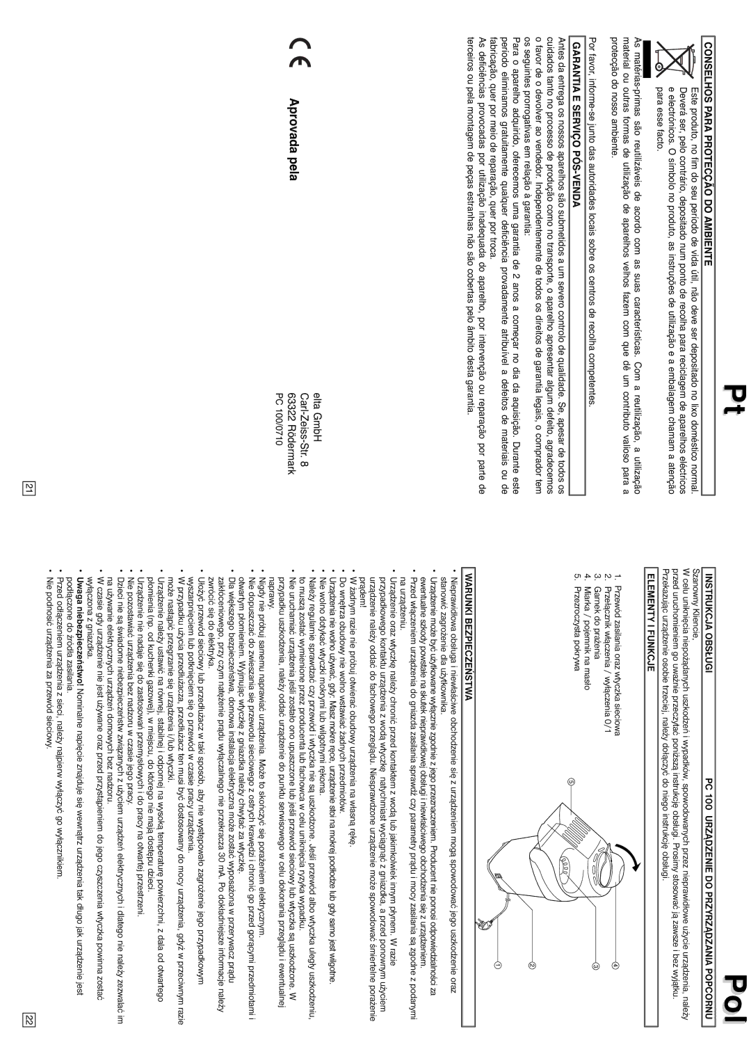 Elta PC100 instruction manual Aprovada pela, Conselhos Para Protecção do Ambiente, Garantia E Serviço PÓS-VENDA 