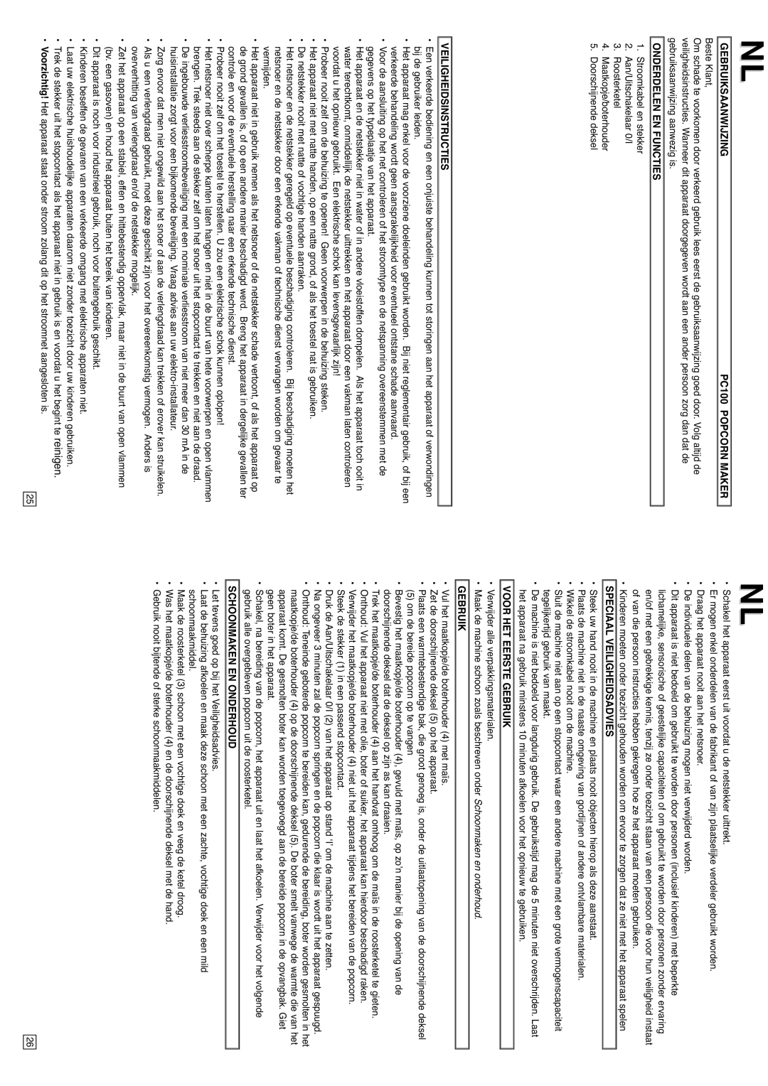 Elta Gebruiksaanwijzing PC100 Popcorn Maker, Onderdelen EN Functies, Veiligheidsinstructies, Speciaal Veiligheidsadvies 