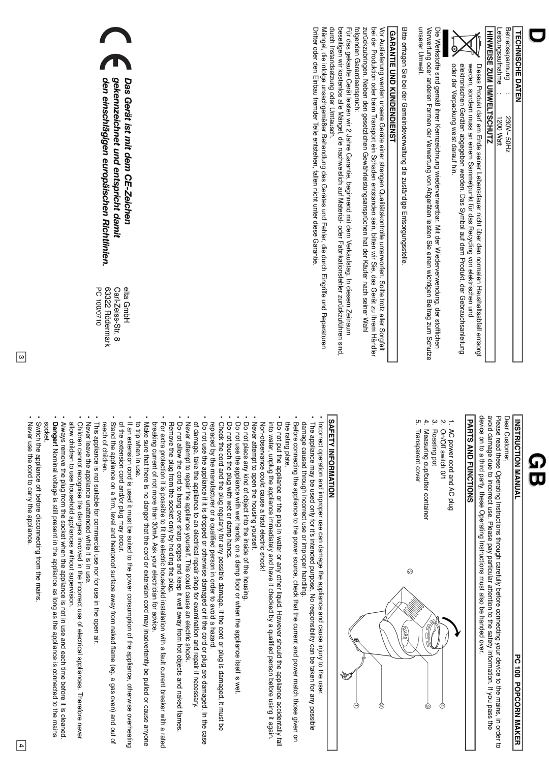 Elta PC100 instruction manual Technische Daten, Hinweise ZUM Umweltschutz, Garantie UND Kundendienst, PC 100 Popcorn Maker 