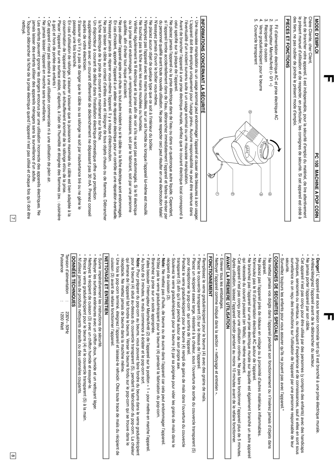 Elta PC100 Mode D’EMPLOI PC 100 Machine a POP Corn, Pieces ET Fonctions, Informations Concernant LA Sécurité 