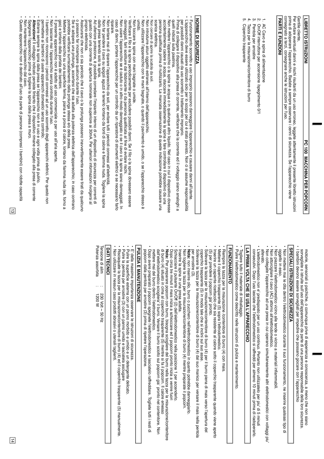 Elta PC100 Libretto Istruzioni PC 100 Macchina PER Popcorn, Parti E Funzioni, Norme DI Sicurezza, Funzionamento 