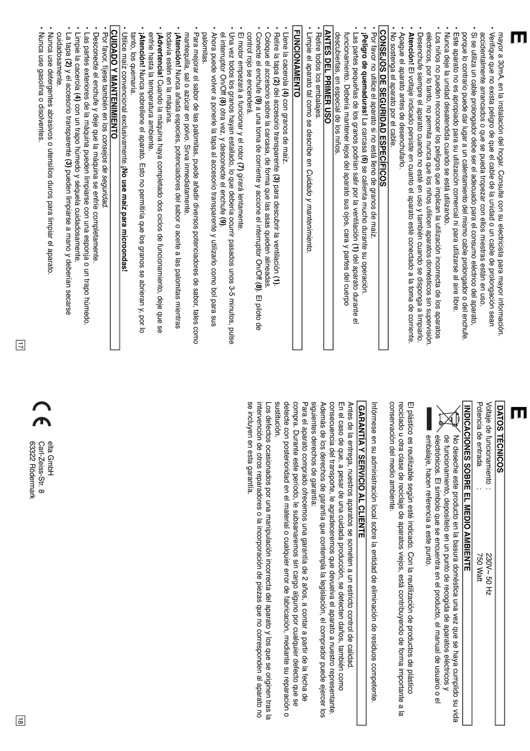 Elta PC120 Consejos DE Seguridad Específicos, Antes DEL Primer USO, Funcionamento, Cuidado Y Mantenimiento, Datos Técnicos 