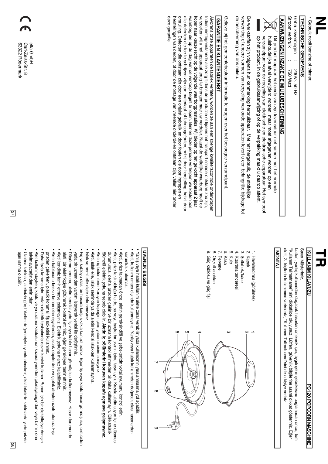 Elta PC120 instruction manual Technische Gegevens, Aanwijzingen Inzake DE Milieubescherming, Garantie EN Klantendienst 