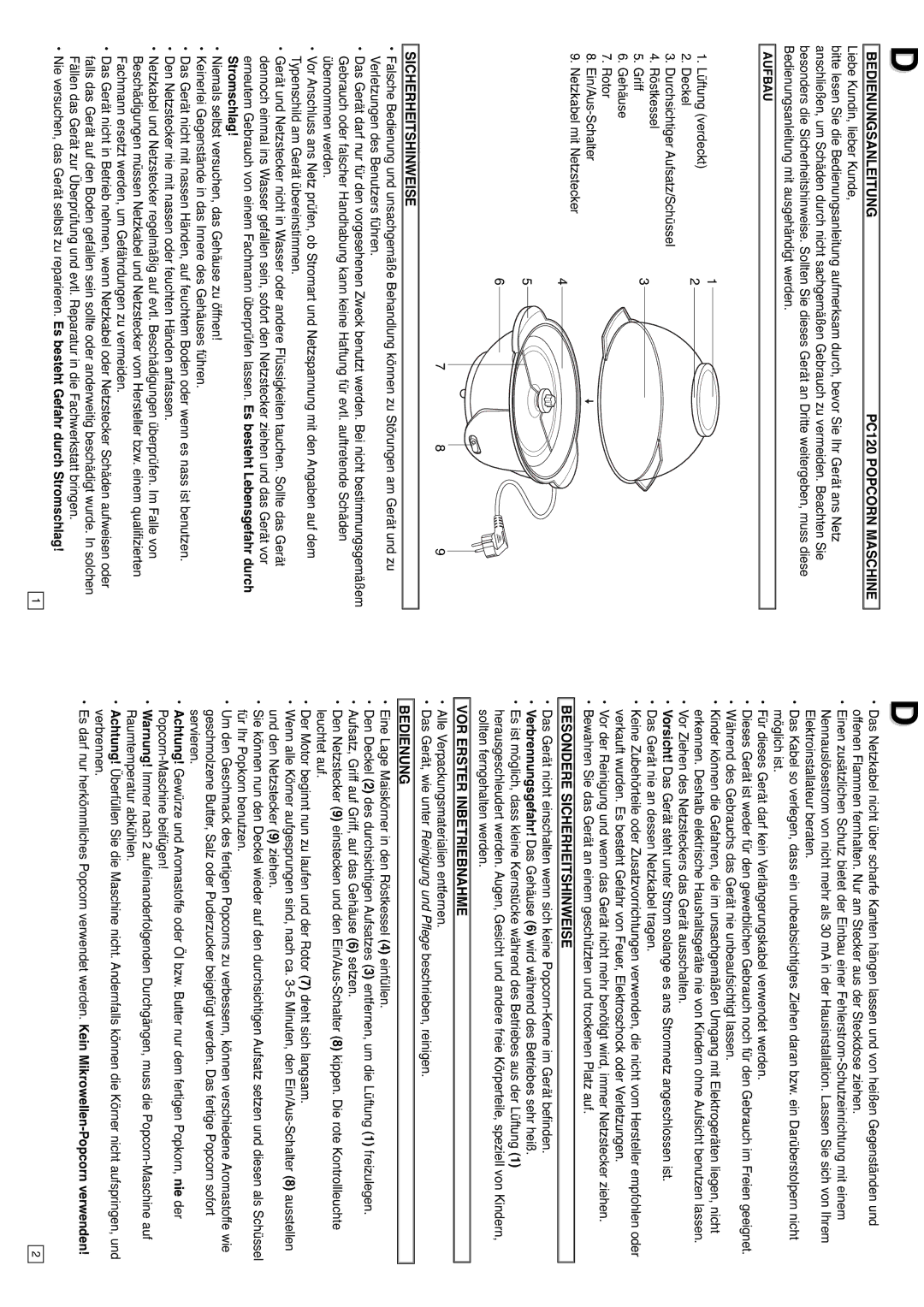 Elta Bedienungsanleitung PC120 Popcorn Maschine, Besondere Sicherheitshinweise, VOR Erster Inbetriebnahme 