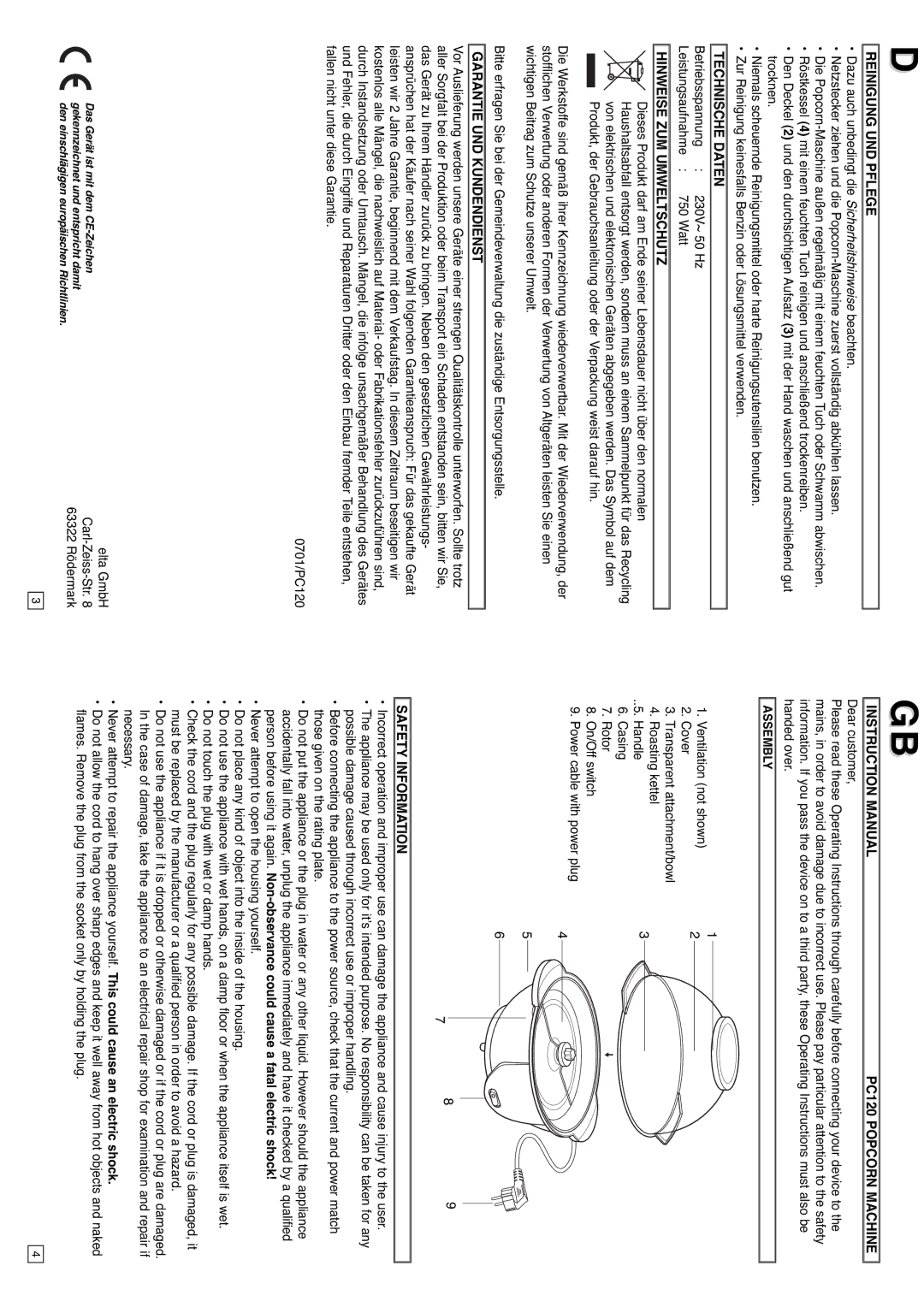 Elta Reinigung UND Pflege, PC120 Popcorn Machine, Technische Daten, Hinweise ZUM Umweltschutz, Safety Information 