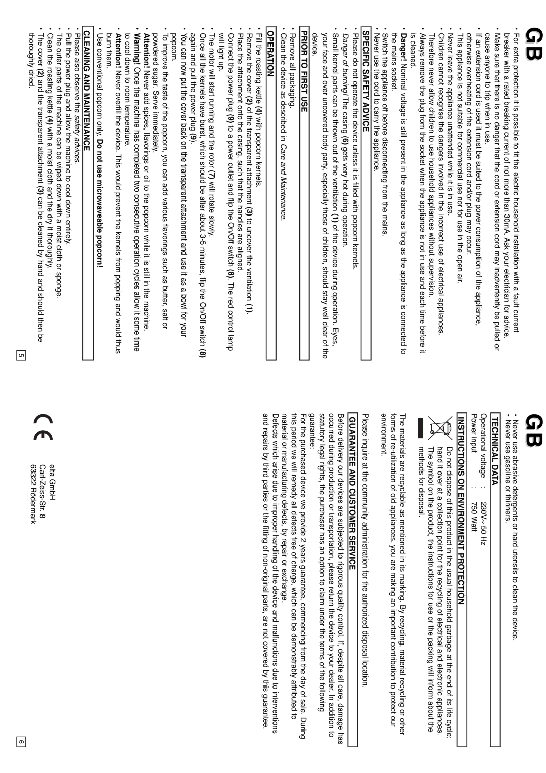 Elta PC120 Specific Safety Advice, Prior to First USE, Operation, Cleaning and Maintenance, Technical Data 