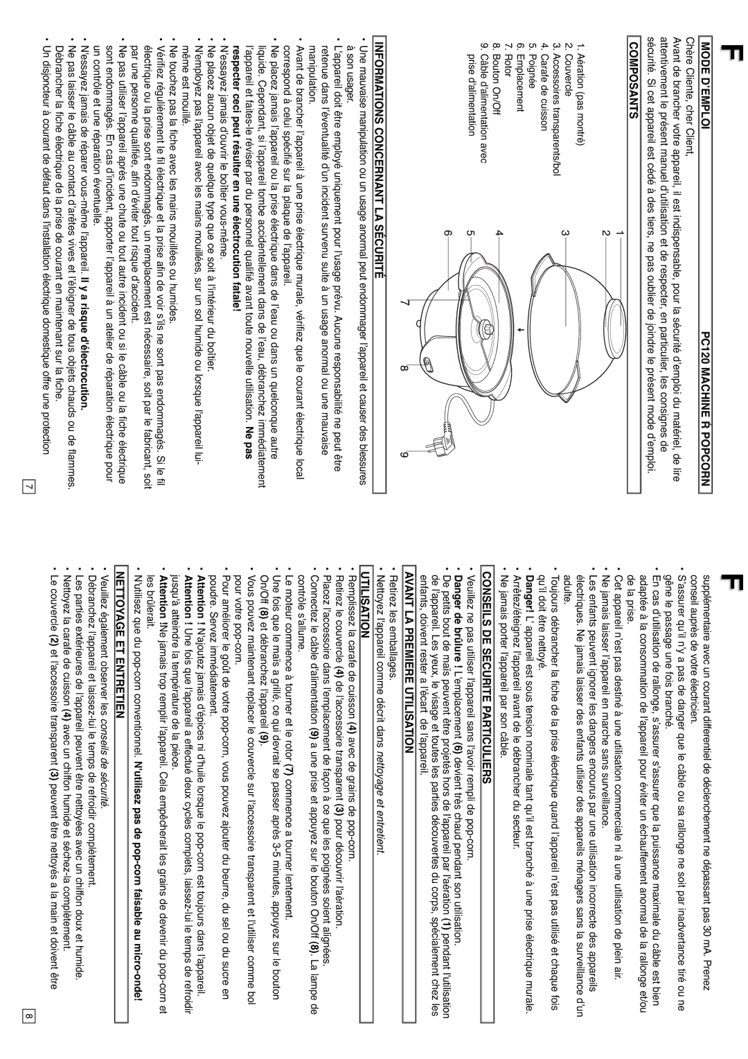 Elta Mode D’EMPLOI PC120 Machine Ŕ Popcorn, Composants, Informations Concernant LA Sécurité, Utilisation 
