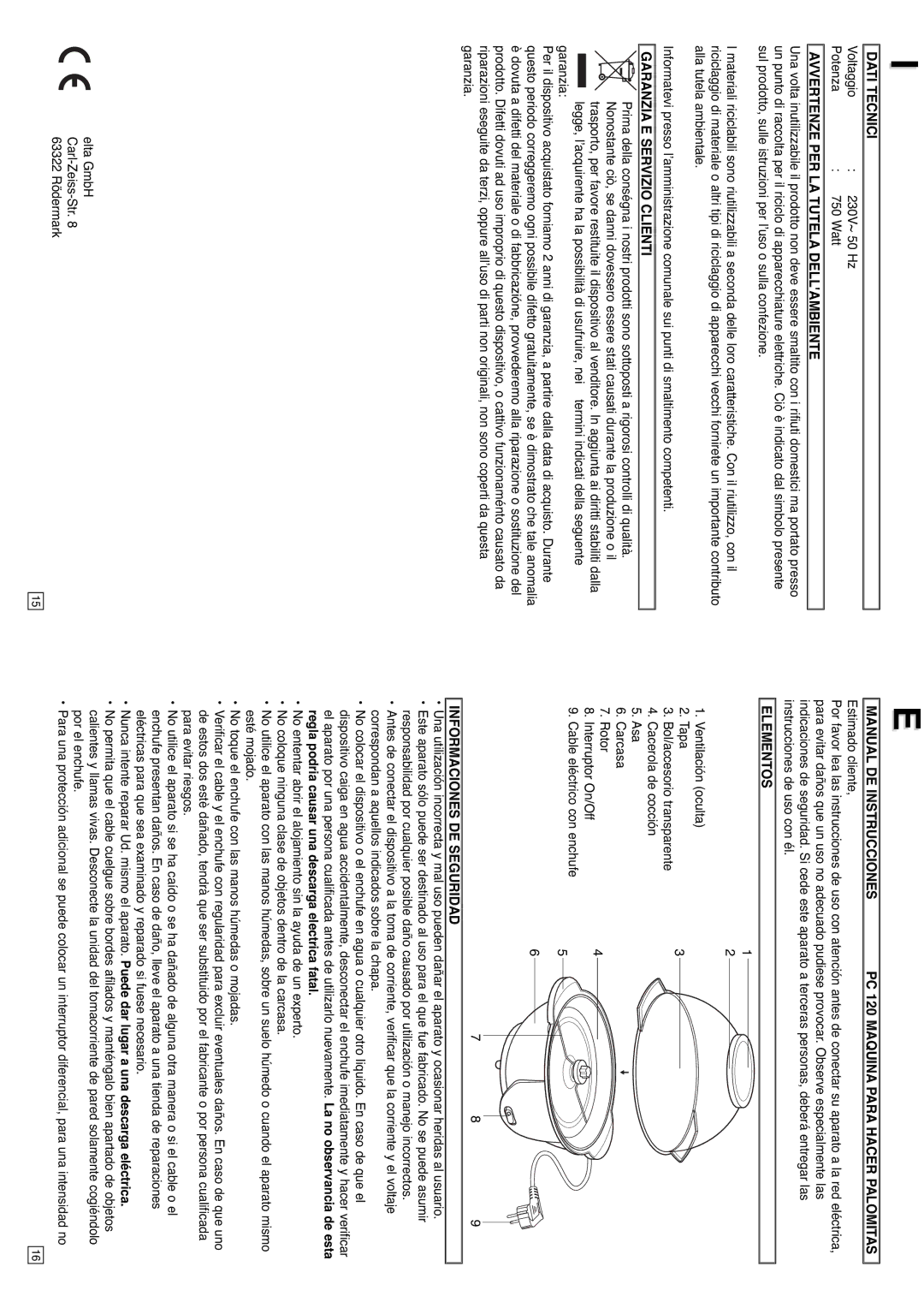 Elta PC120 instruction manual Dati Tecnici, Avvertenze PER LA Tutela Dellambiente, Garanzia E Servizio Clienti, Elementos 