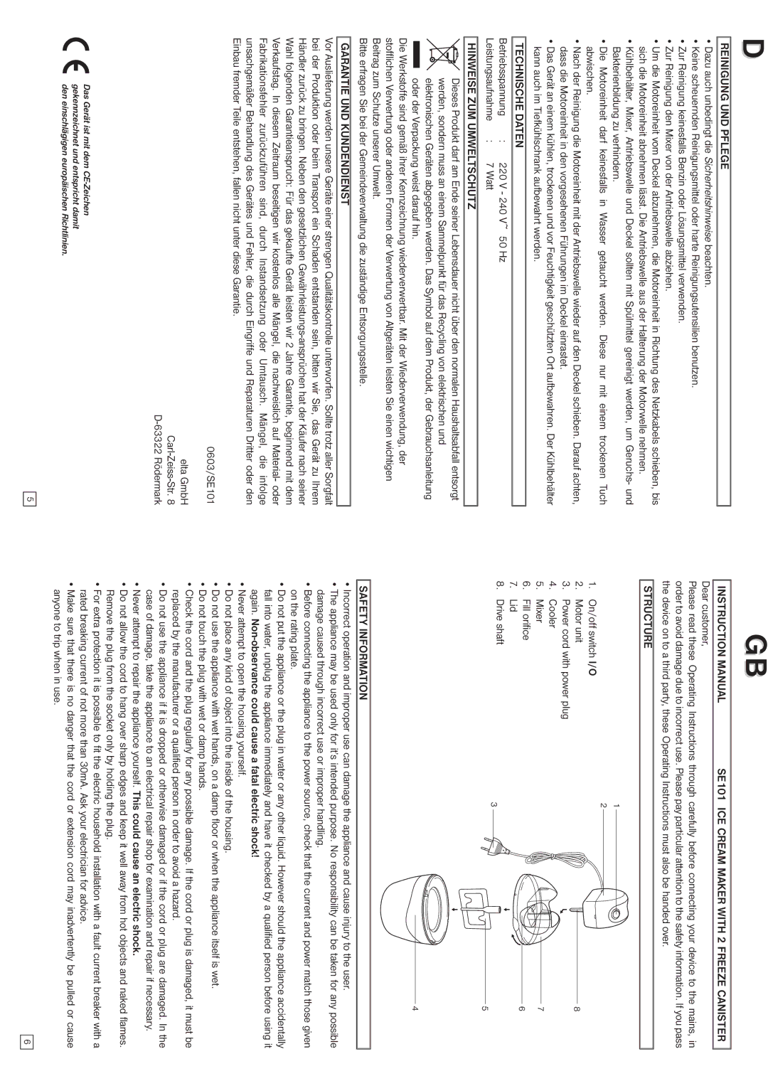 Elta SE101 Reinigung UND Pflege, Technische Daten, Hinweise ZUM Umweltschutz, Garantie UND Kundendienst, Structure 