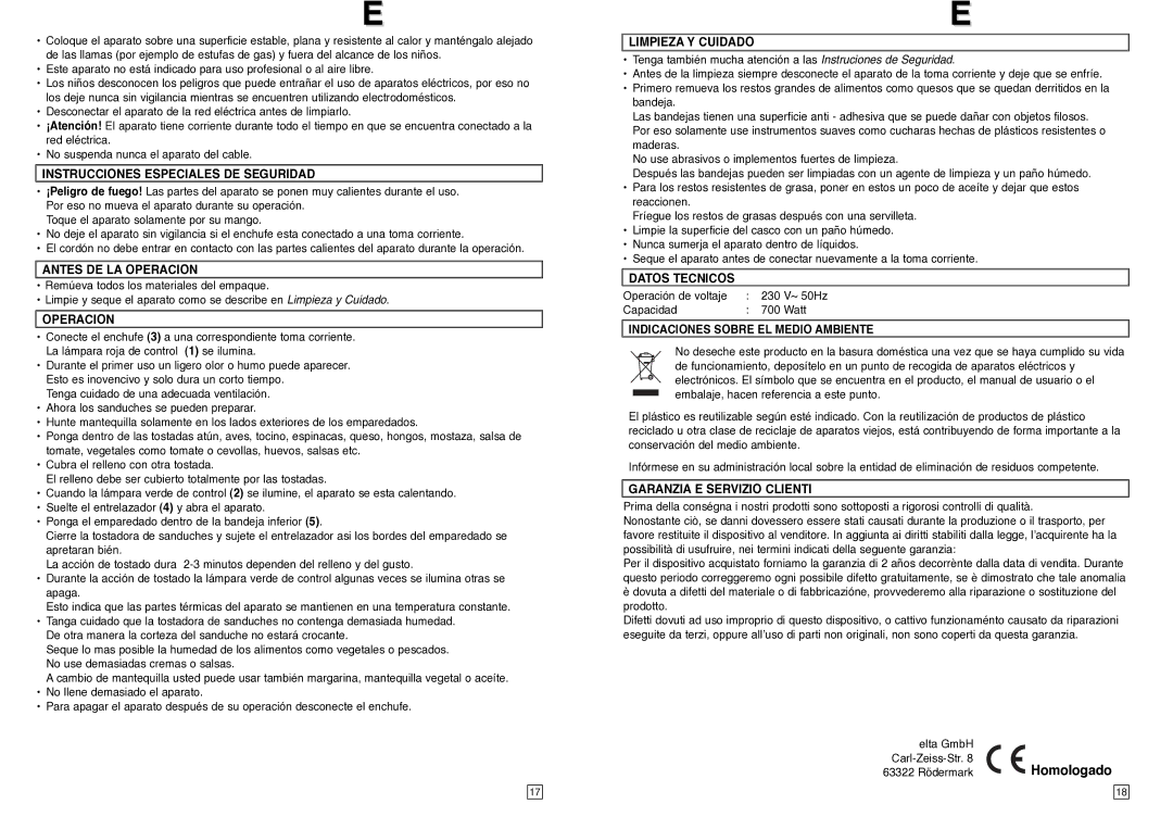 Elta ST104N Instrucciones Especiales DE Seguridad, Antes DE LA Operacion, Limpieza Y Cuidado, Datos Tecnicos 