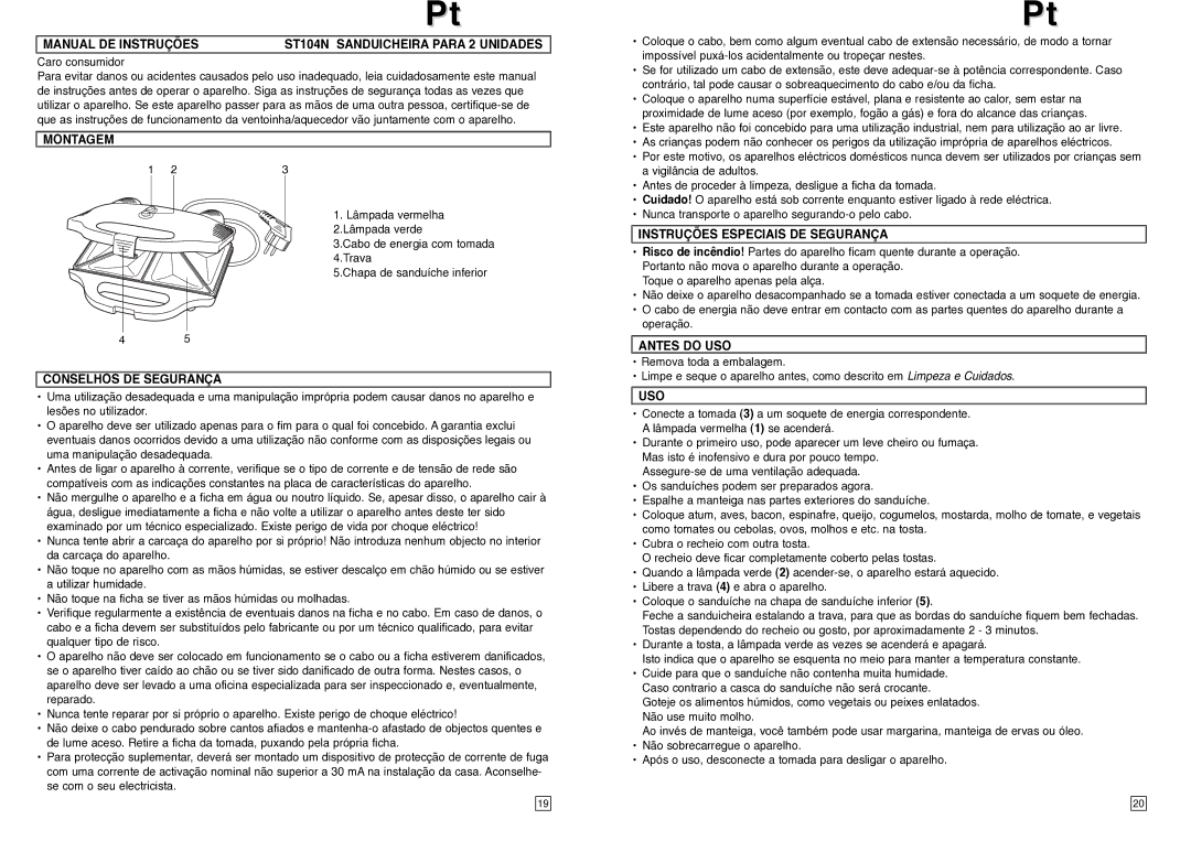 Elta Manual DE Instruções ST104N Sanduicheira Para 2 Unidades, Montagem, Conselhos DE Segurança, Antes do USO 