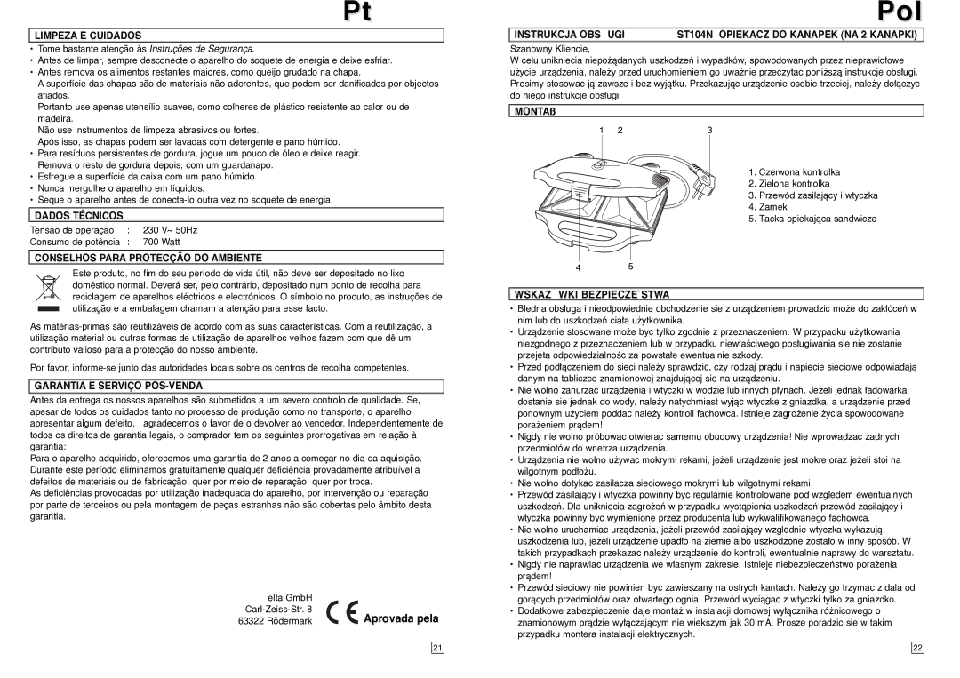 Elta instruction manual Instrukcja Obsugi ST104N Opiekacz do Kanapek NA 2 Kanapki, Wskazwki BEZPIECZE`STWA 