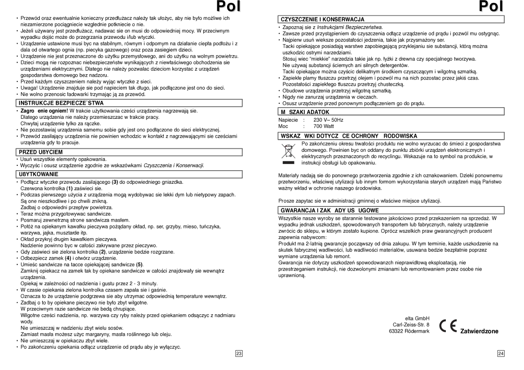 Elta ST104N instruction manual Instrukcje BEZPIECZE`STWA, Czyszczenie I Konserwacja, Wskazwki Dotyczce Ochrony Rodowiska 