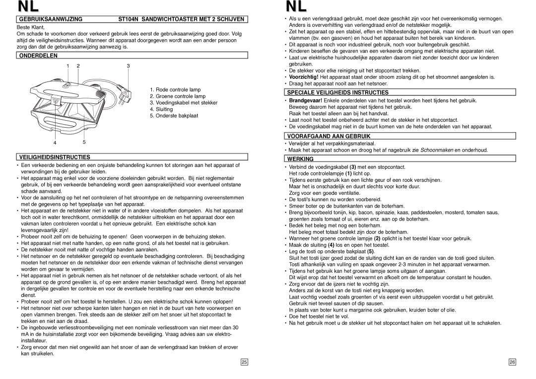 Elta Gebruiksaanwijzing ST104N Sandwichtoaster MET 2 Schijven, Onderdelen, Veiligheidsinstructies, Werking 