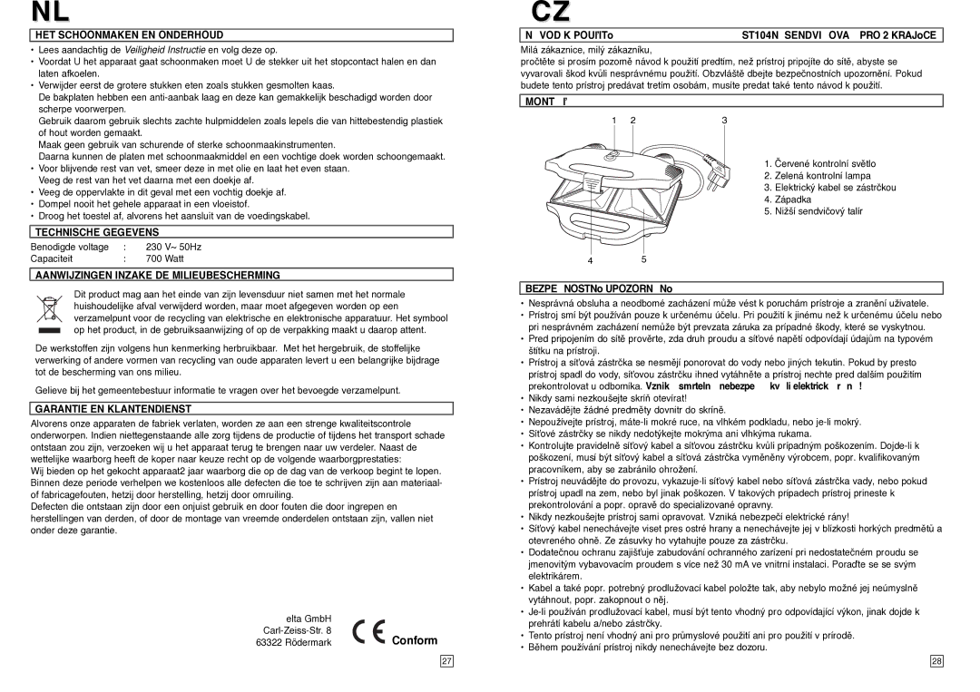 Elta instruction manual ST104N Sendviova PRO 2 Krajœce, Bezpenostnœ Upozornnœ 