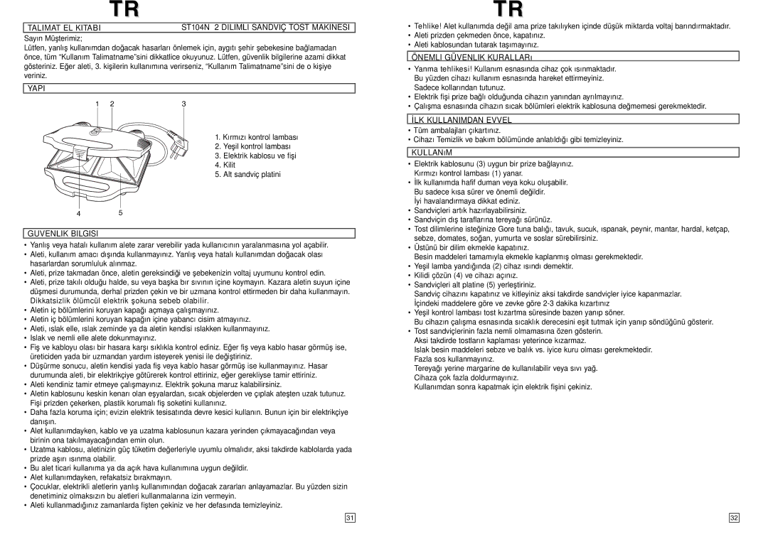 Elta instruction manual Talimat EL Kitabi ST104N 2 Dilimli Sandviç Tost Makinesi 