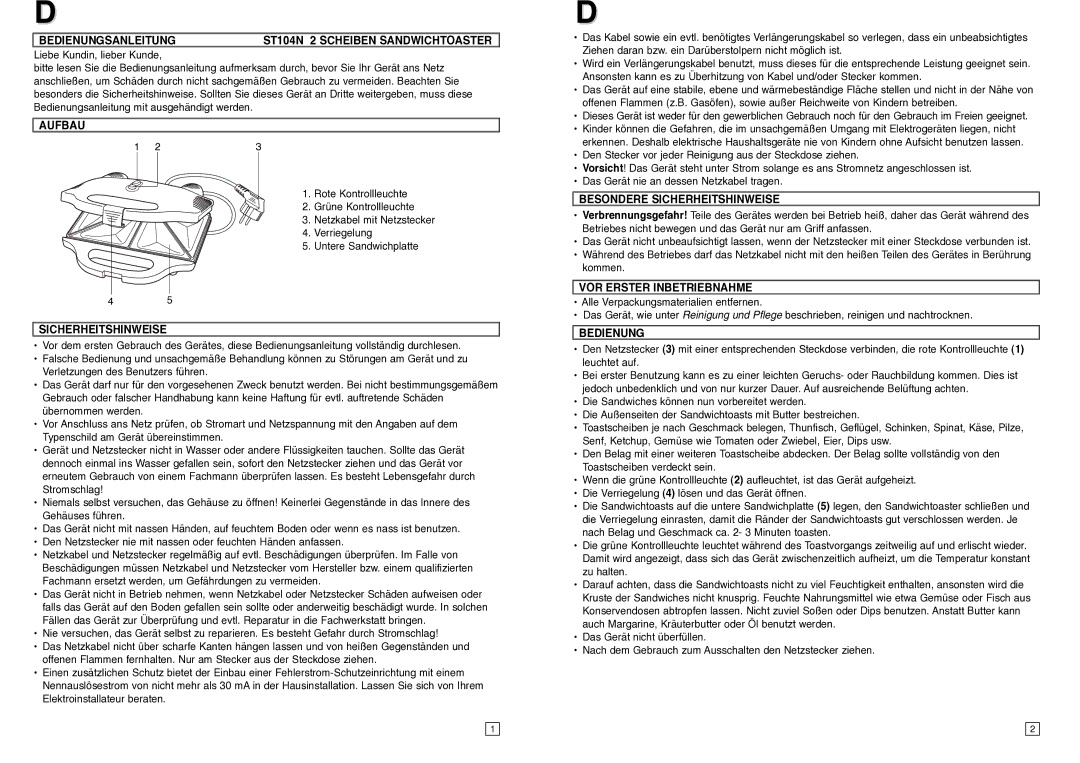 Elta instruction manual Bedienungsanleitung ST104N 2 Scheiben Sandwichtoaster, Aufbau, Besondere Sicherheitshinweise 