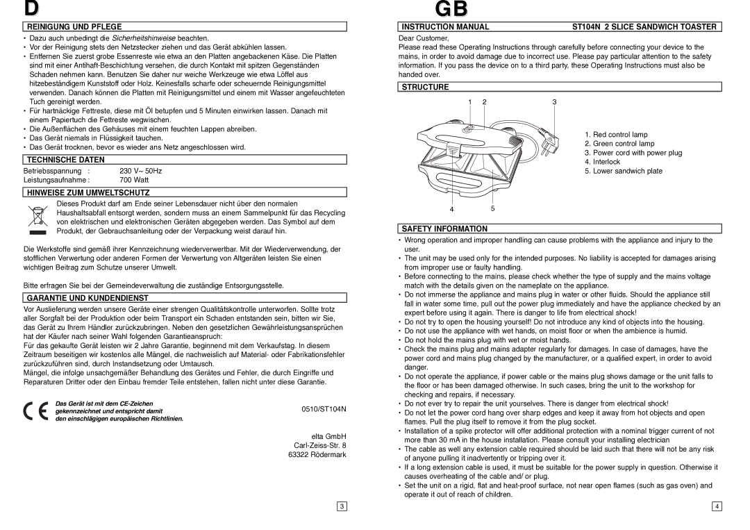 Elta ST104N Reinigung UND Pflege, Technische Daten, Hinweise ZUM Umweltschutz, Garantie UND Kundendienst, Structure 