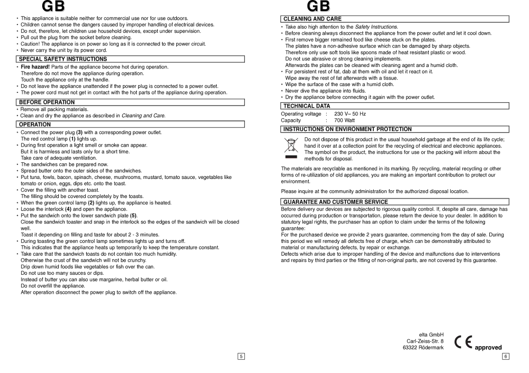 Elta ST104N instruction manual Special Safety Instructions, Before Operation, Cleaning and Care, Technical Data 