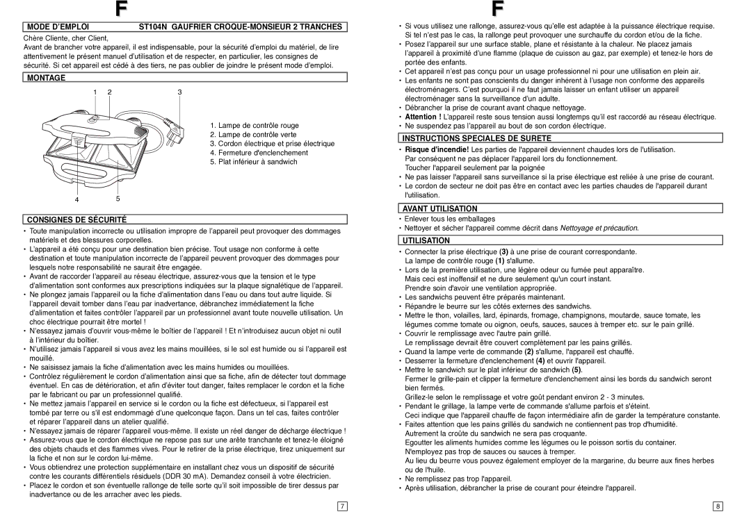 Elta Mode D’EMPLOI ST104N Gaufrier CROQUE-MONSIEUR 2 Tranches, Montage, Consignes DE Sécurité, Avant Utilisation 