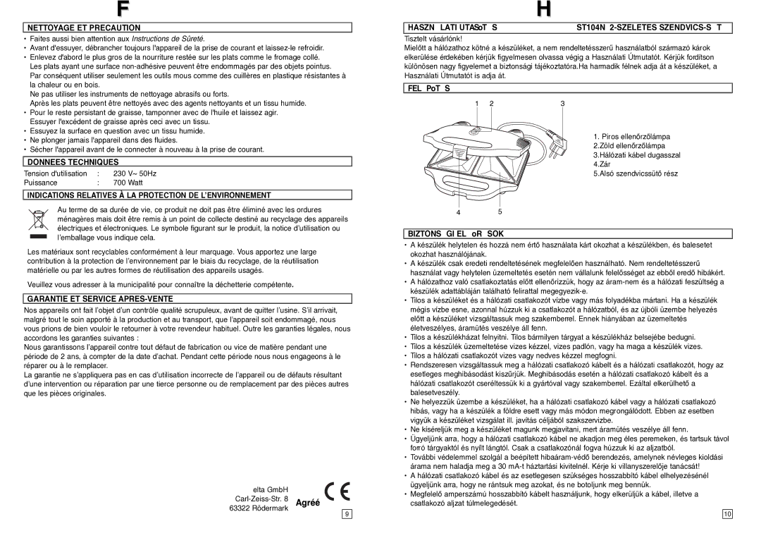 Elta instruction manual Hasznlati Utasœts ST104N 2-SZELETES SZENDVICS-ST, Felpœts, Biztonsgi Elœrsok 