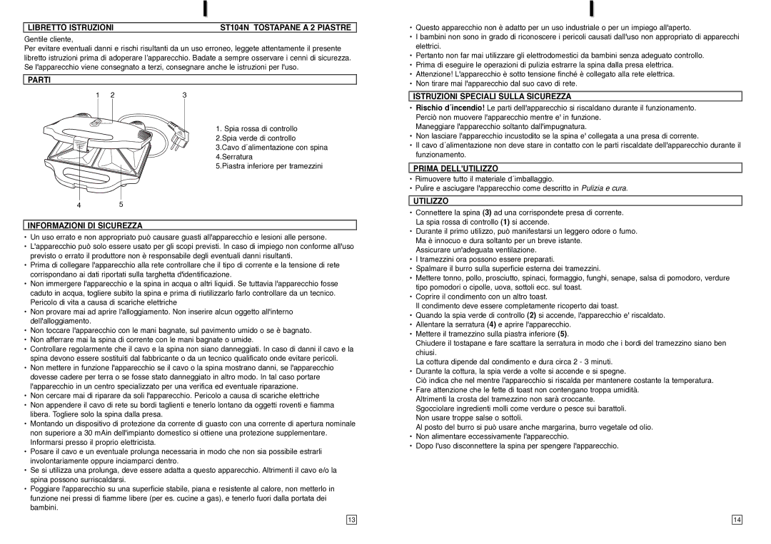 Elta Libretto Istruzioni ST104N Tostapane a 2 Piastre, Parti, Informazioni DI Sicurezza, Prima Dellutilizzo, Utilizzo 