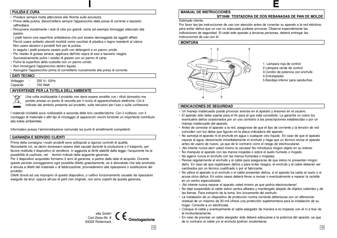 Elta ST104N Pulizia E Cura, Dati Tecnici, Avvertenze PER LA Tutela DELL’AMBIENTE, Garanzia E Servizio Clienti, Montura 