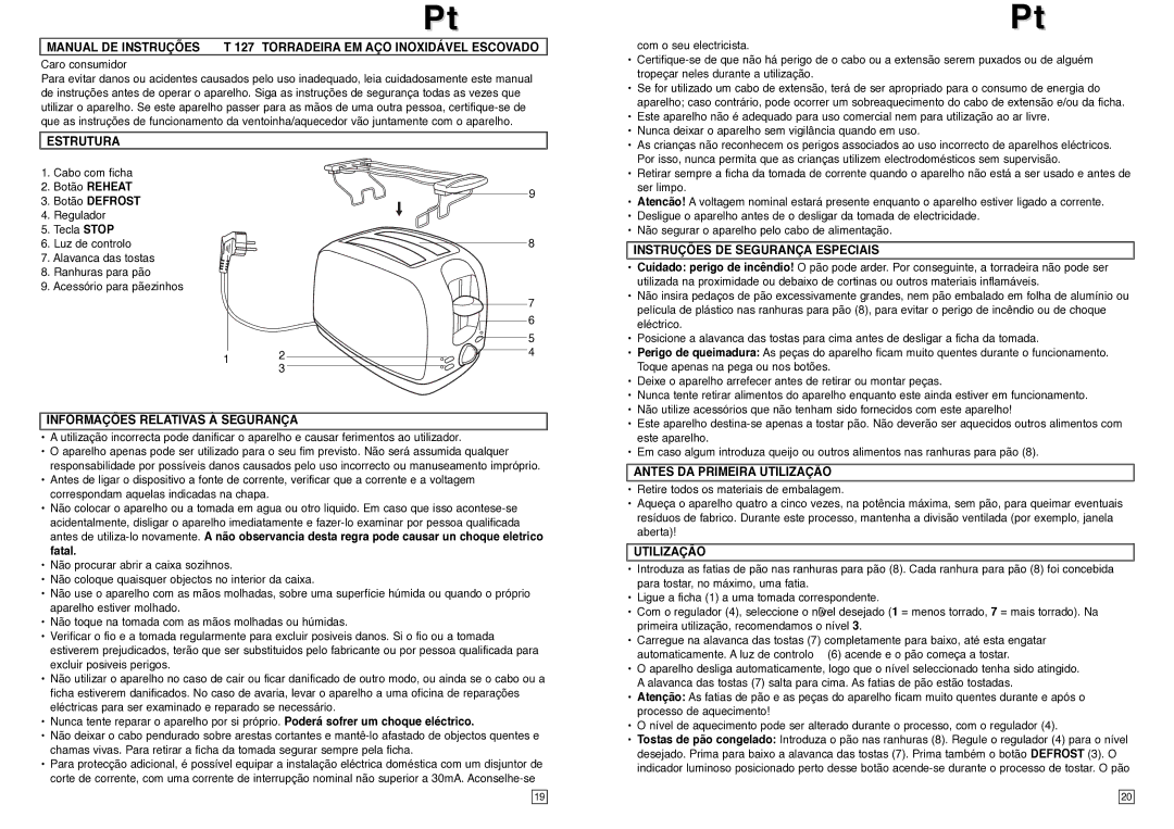 Elta T127 Estrutura, Informações Relativas À Segurança, Instruções DE Segurança Especiais, Antes DA Primeira Utilização 